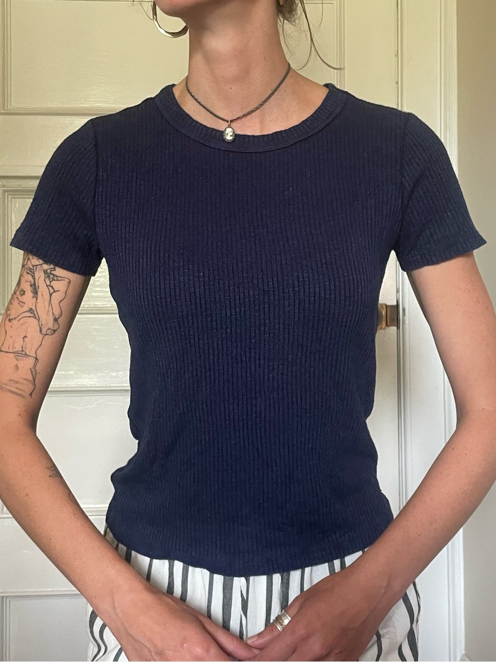 Classic Ribbed Short-Sleeve Top - Navy